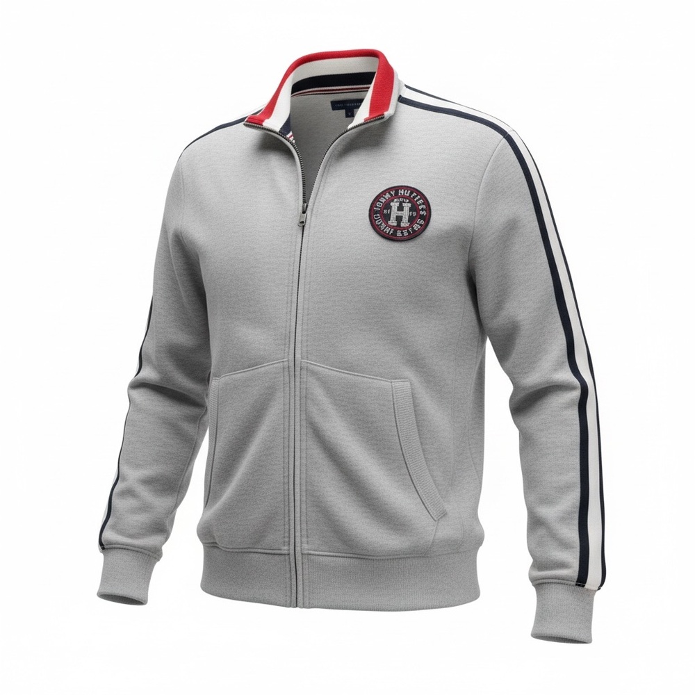 Tommy Hilfiger Young Men / L Gray Jacket with Red and Black stripes Details